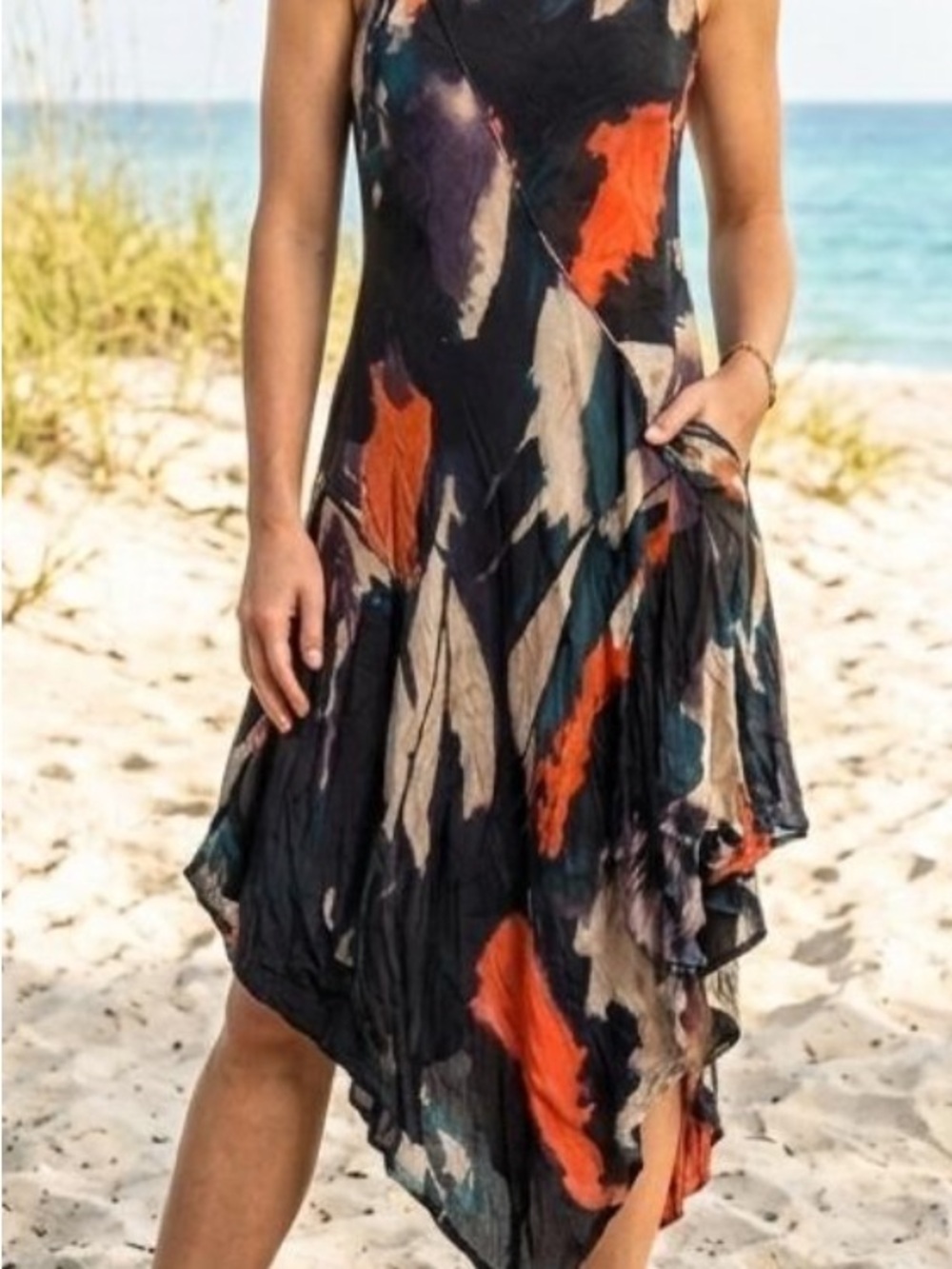 Sleeveless Black Abstract Print Handkerchief-Hem Dress
